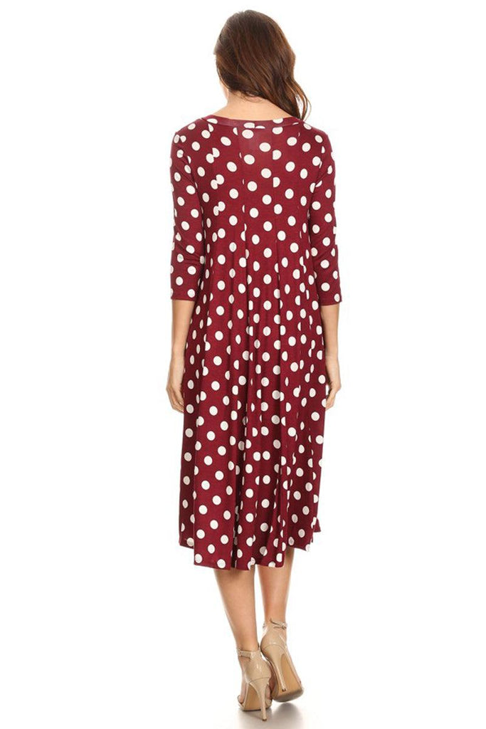 Women's Loose Fit Scoop Neck 3/4 Sleeve Polka Dot Patterned A-Line Midi Dress FashionJOA