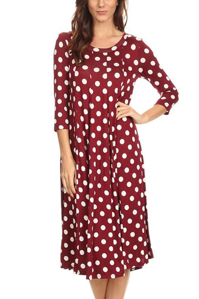 Women's Loose Fit Scoop Neck 3/4 Sleeve Polka Dot Patterned A-Line Midi Dress FashionJOA