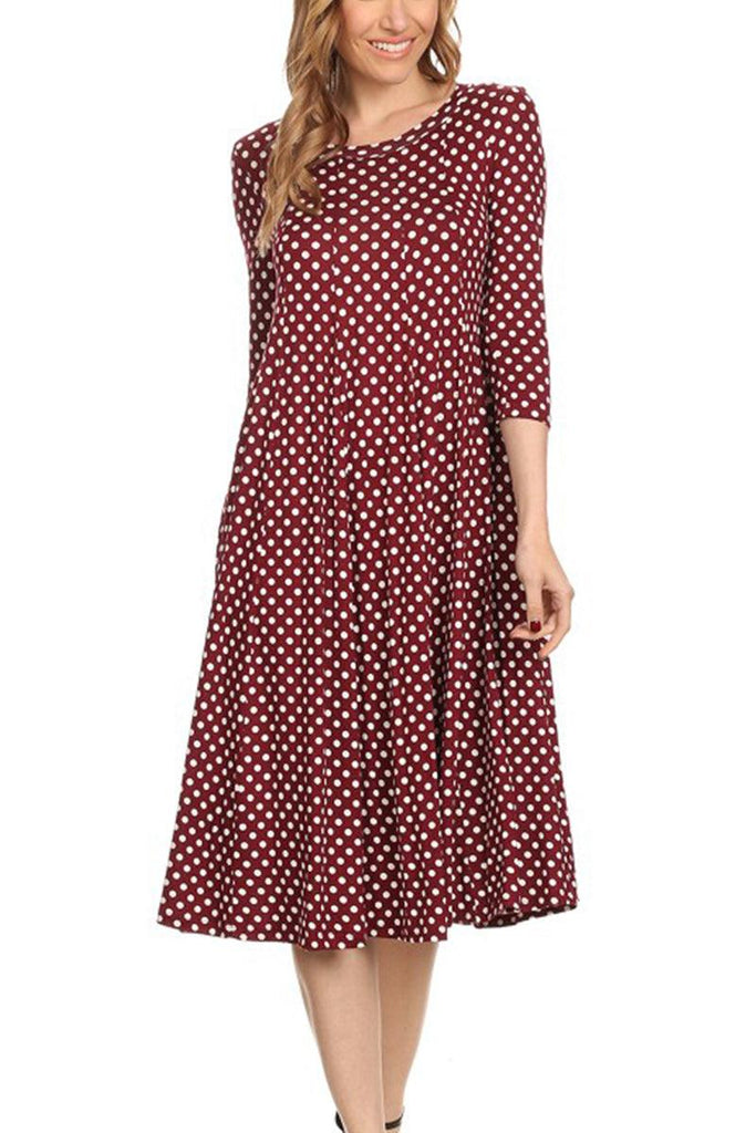 Women's Loose Fit Scoop Neck 3/4 Sleeve Polka Dot Patterned A-Line Midi Dress FashionJOA