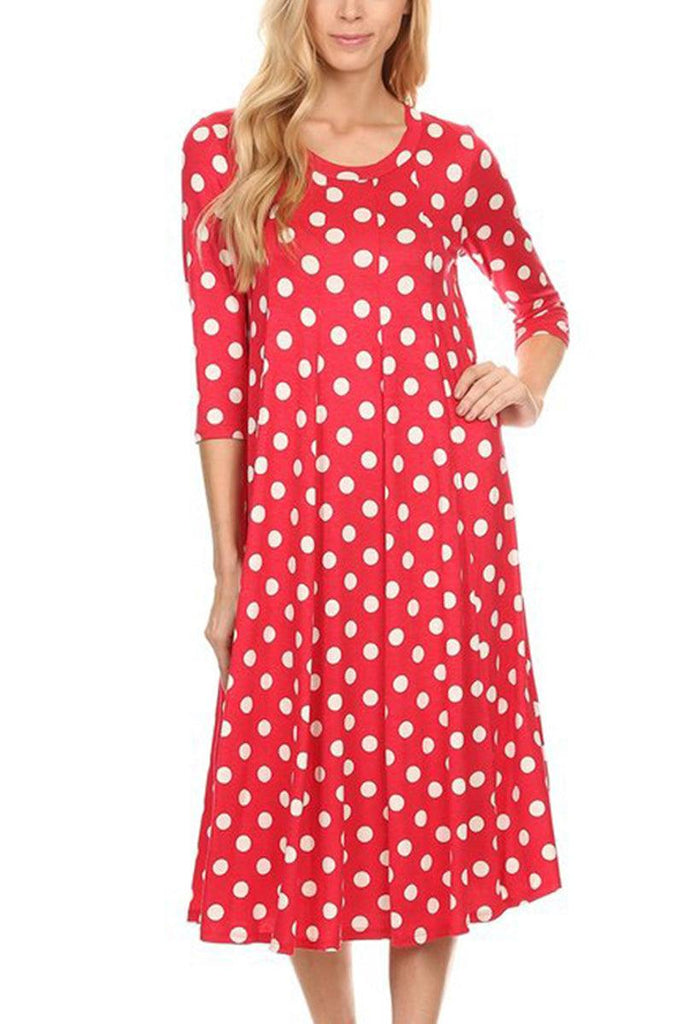 Women's Loose Fit Scoop Neck 3/4 Sleeve Polka Dot Patterned A-Line Midi Dress FashionJOA