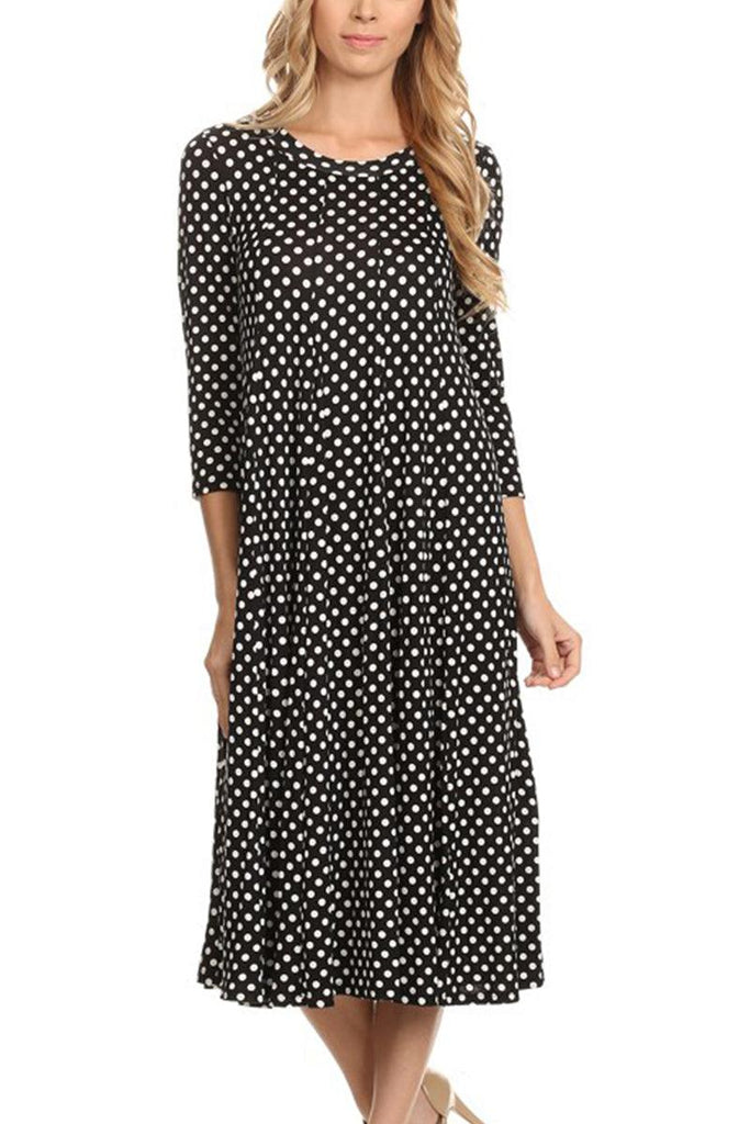 Women's Loose Fit Scoop Neck 3/4 Sleeve Polka Dot Patterned A-Line Midi Dress FashionJOA