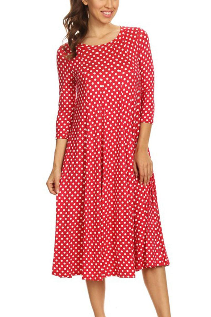 Women's Loose Fit Scoop Neck 3/4 Sleeve Polka Dot Patterned A-Line Midi Dress FashionJOA