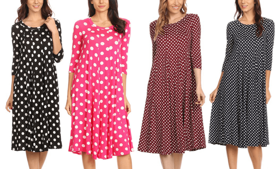 Women's Loose Fit Scoop Neck 3/4 Sleeve Polka Dot Patterned A-Line Midi Dress FashionJOA