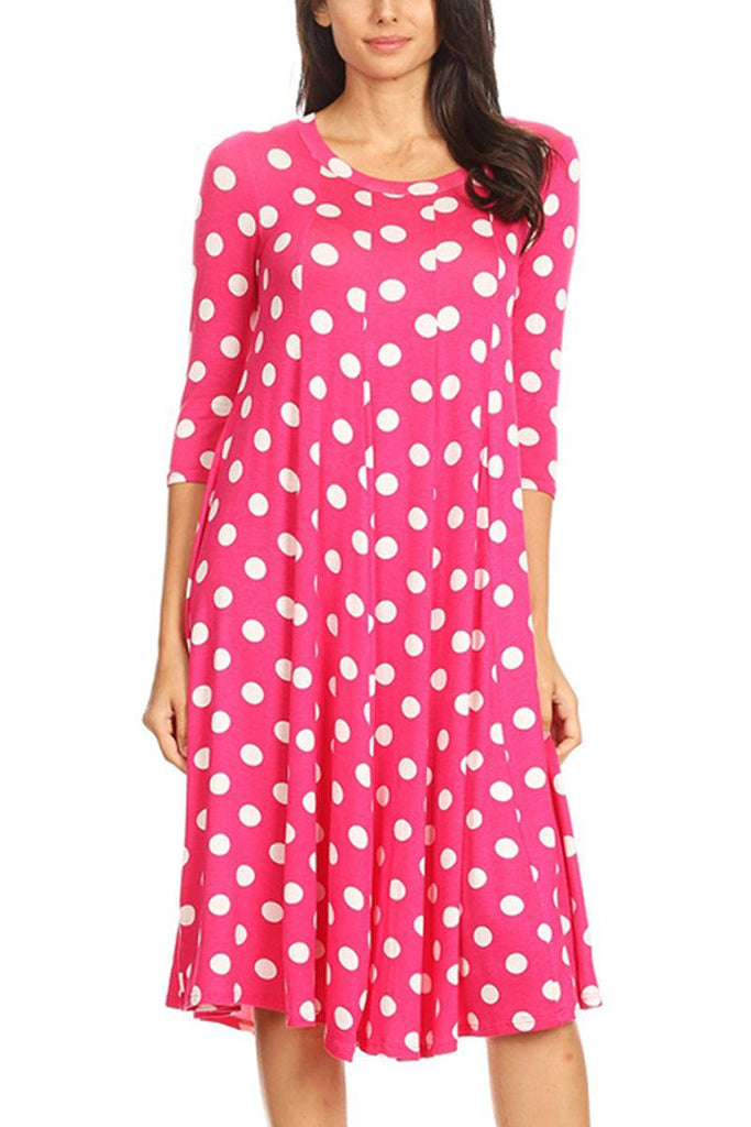 Women's Loose Fit Scoop Neck 3/4 Sleeve Polka Dot Patterned A-Line Midi Dress FashionJOA