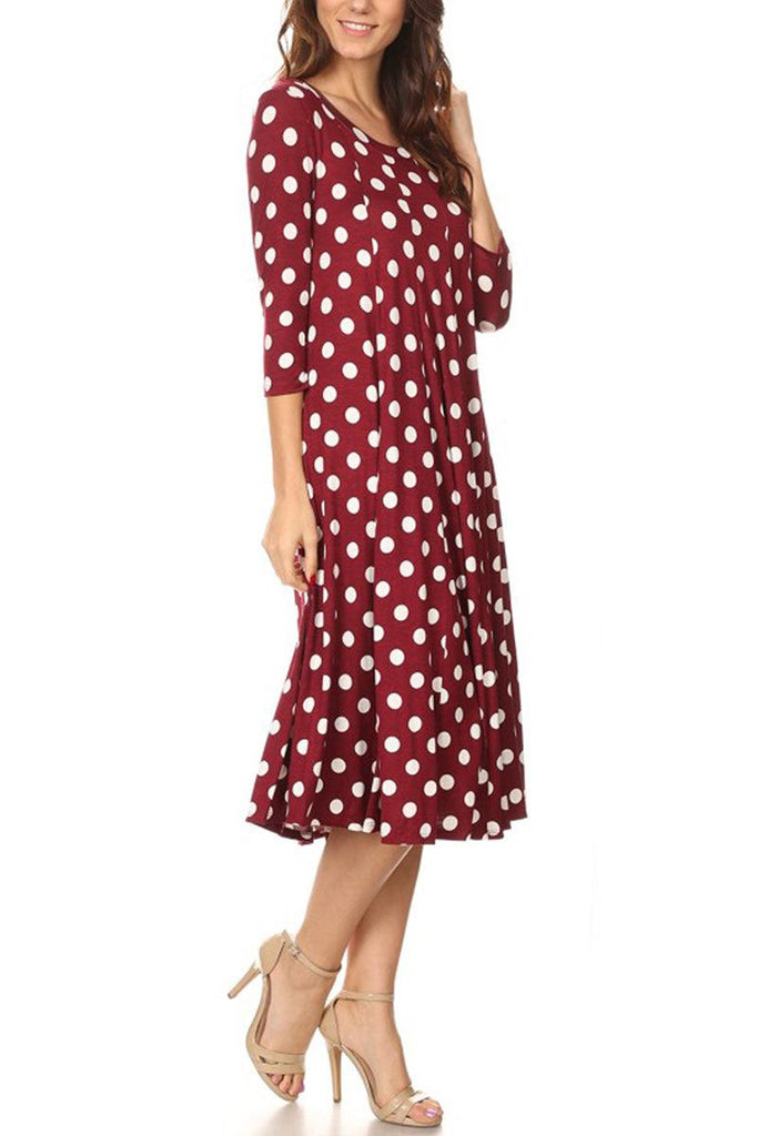 Women's Loose Fit Scoop Neck 3/4 Sleeve Polka Dot Patterned A-Line Midi Dress FashionJOA