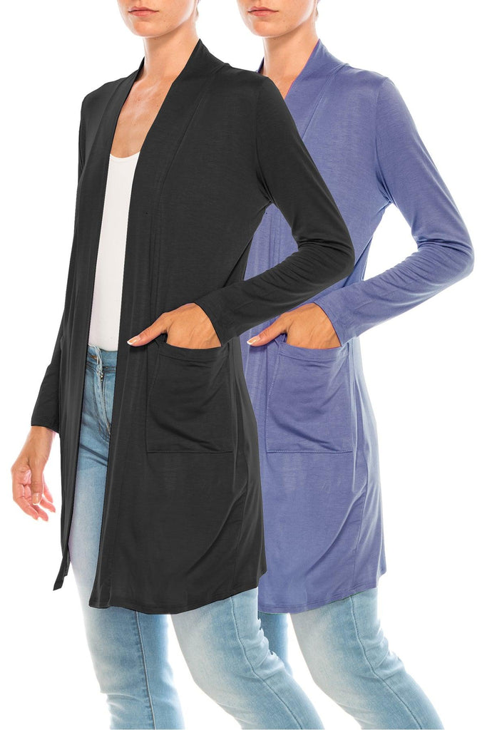 Women's Open Front Basic Long Sleeves Loose Fit Side Pockets Solid Cardigan 2 PACK FashionJOA