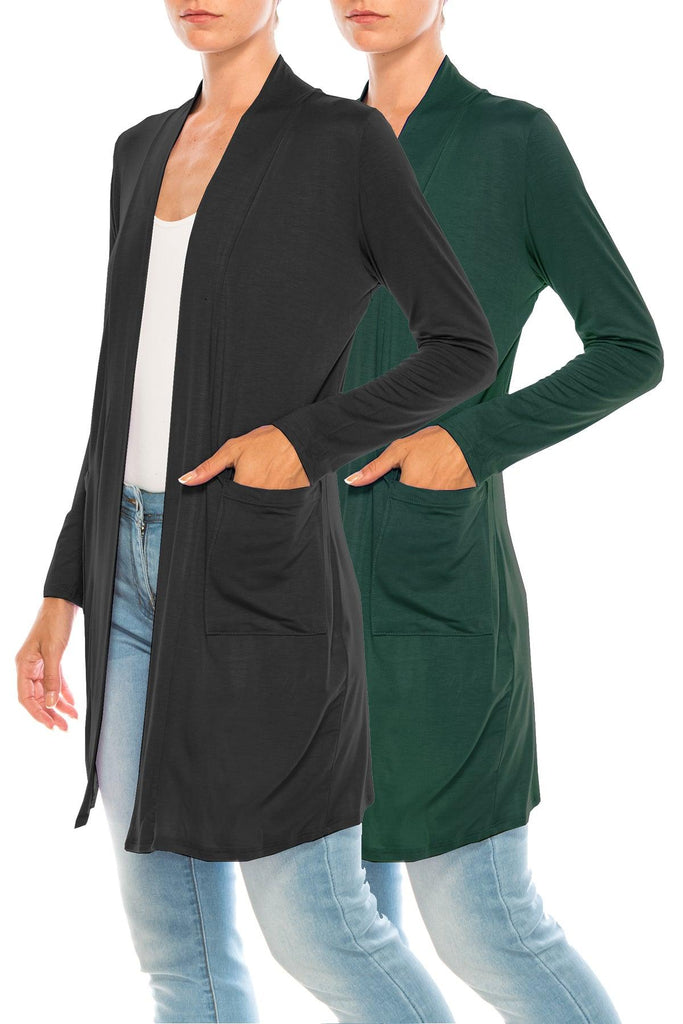 Women's Open Front Basic Long Sleeves Loose Fit Side Pockets Solid Cardigan 2 PACK FashionJOA
