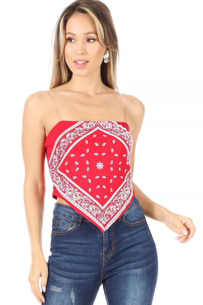 Women's Paisley Sexy Bandana tube crop top with clear adjustable spaghetti strap FashionJOA