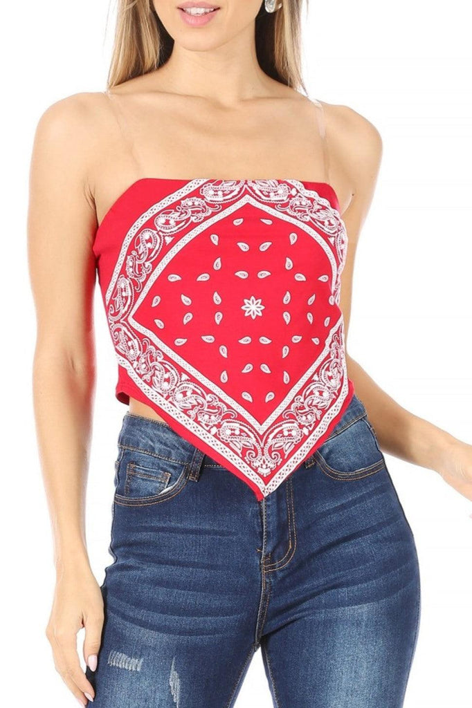 Women's Paisley Sexy Bandana tube crop top with clear adjustable spaghetti strap FashionJOA