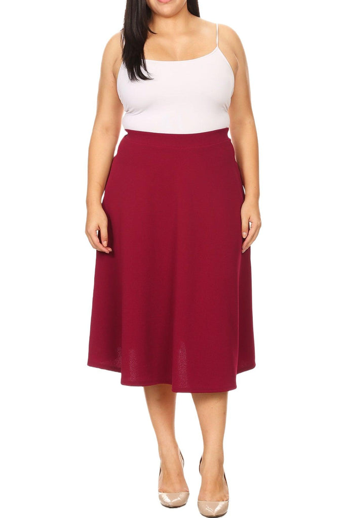 Women's Plus Size A-Line Casual Flared Elastic Band Solid Midi Skirt FashionJOA