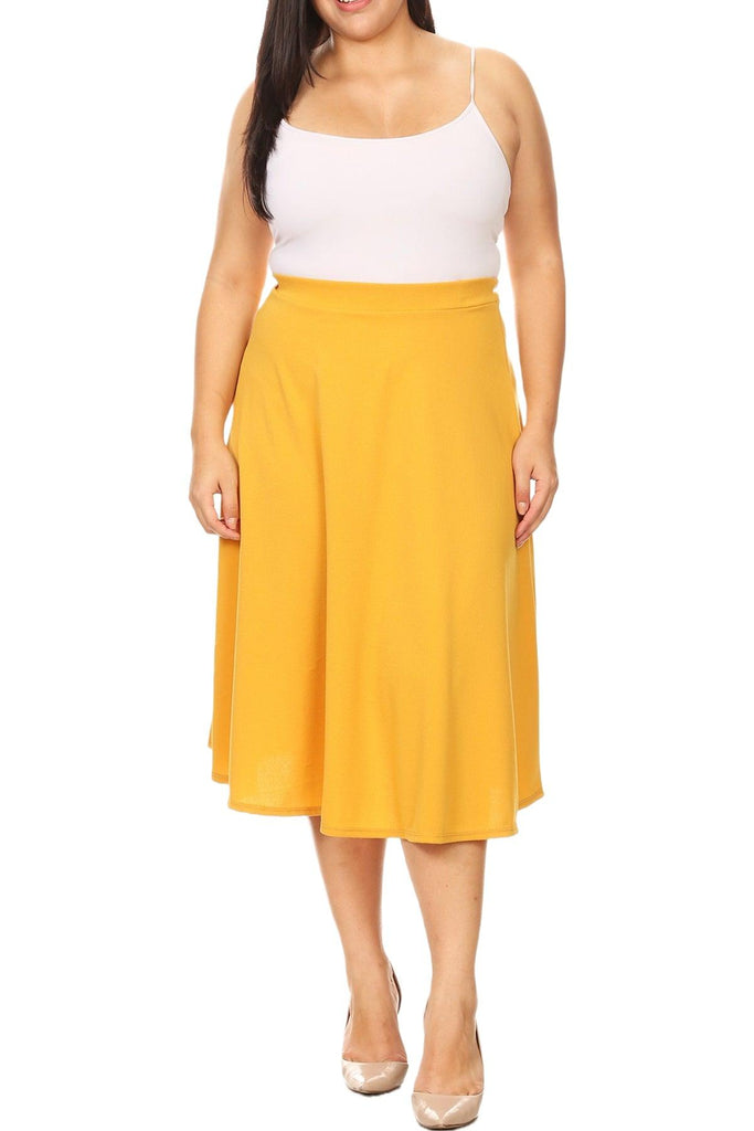 Women's Plus Size A-Line Casual Flared Elastic Band Solid Midi Skirt FashionJOA