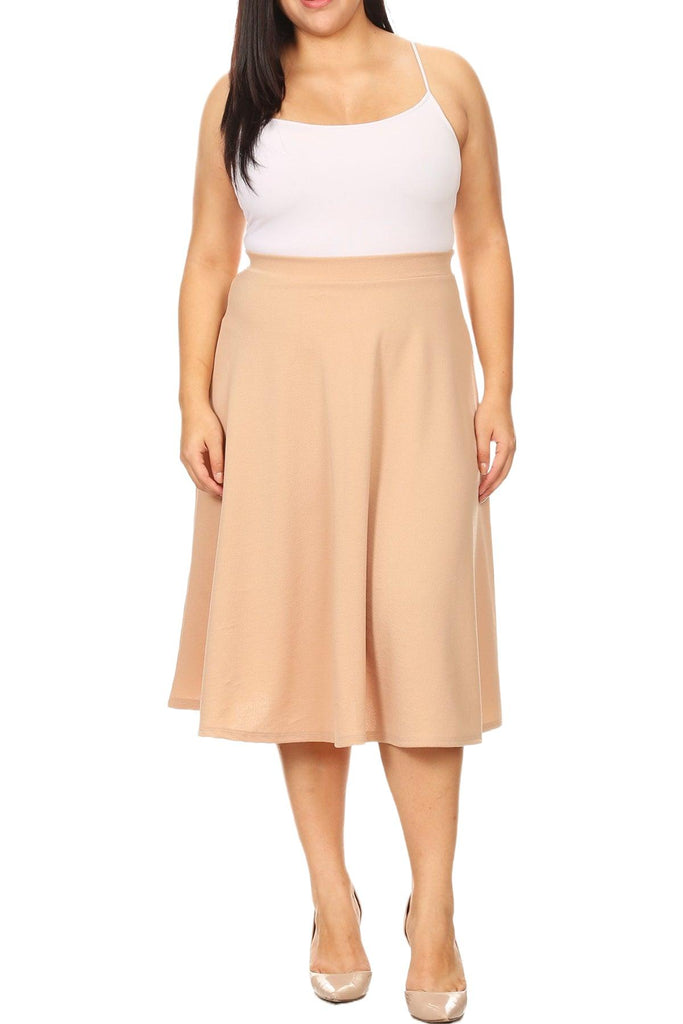 Women's Plus Size A-Line Casual Flared Elastic Band Solid Midi Skirt FashionJOA