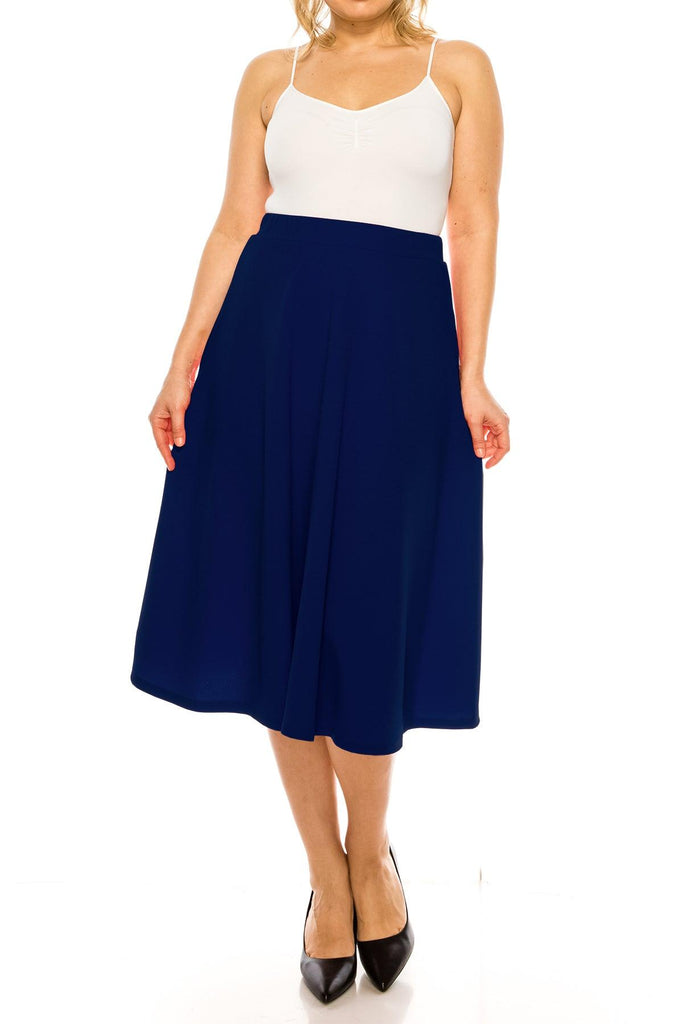 Women's Plus Size A-Line Casual Flared Elastic Band Solid Midi Skirt FashionJOA