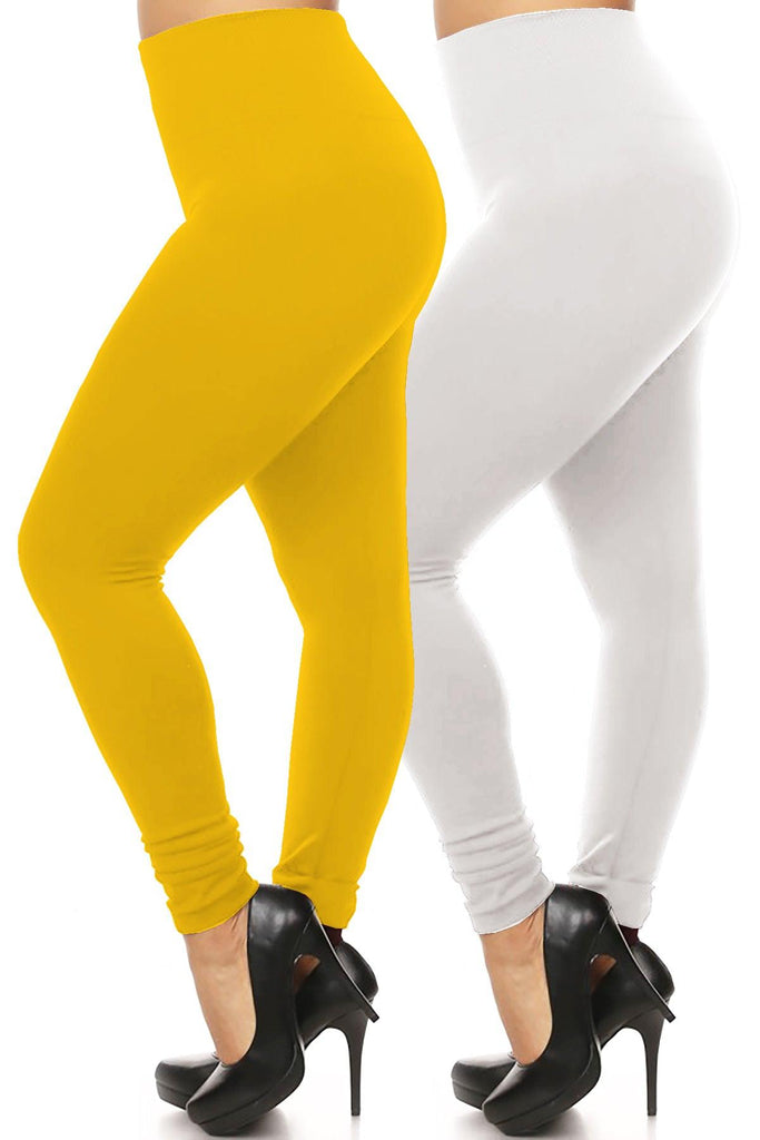 Women's Plus Size Banded Waist Full length Leggings with Fleece Lining Pack of 2 FashionJOA