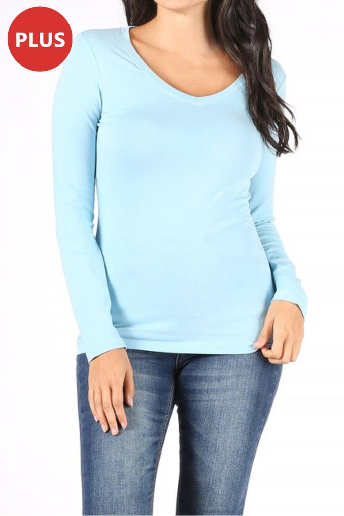 Women's Plus Size Basic Long Sleeve V-Neck Tee FashionJOA