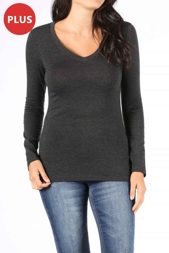 Women's Plus Size Basic Long Sleeve V-Neck Tee FashionJOA