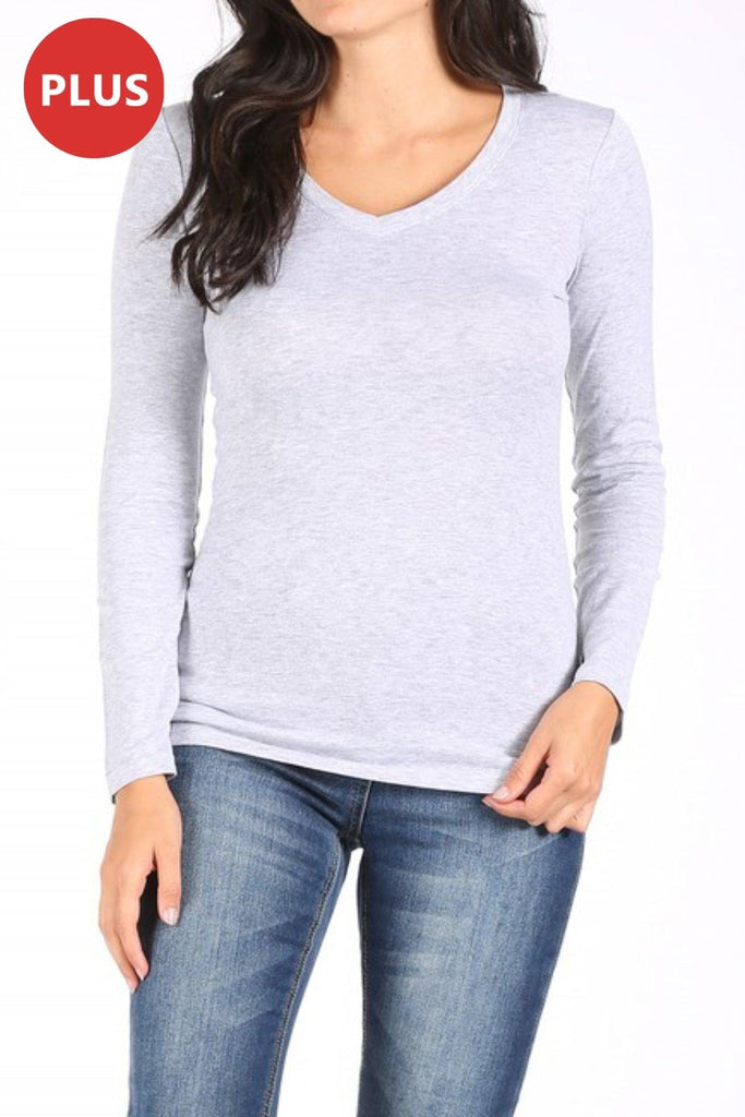 Women's Plus Size Basic Long Sleeve V-Neck Tee FashionJOA