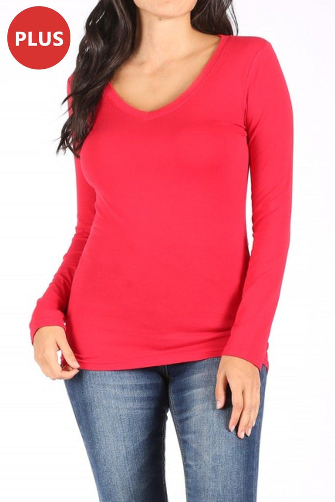 Women's Plus Size Basic Long Sleeve V-Neck Tee FashionJOA