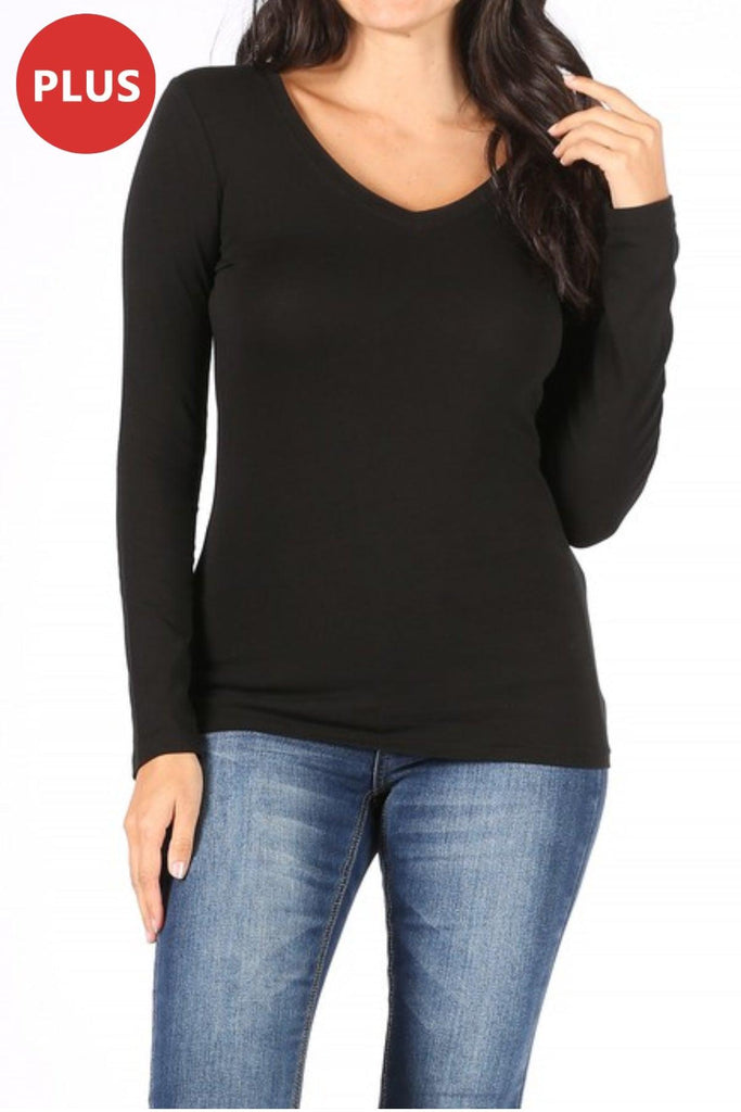 Women's Plus Size Basic Long Sleeve V-Neck Tee FashionJOA