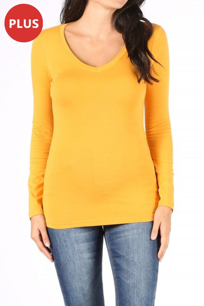 Women's Plus Size Basic Long Sleeve V-Neck Tee FashionJOA