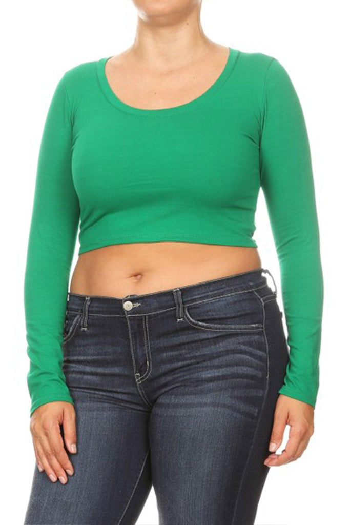 Women's Plus Size Casual Basic Long Sleeves Cotton Stretch Solid Active Crop Top T-Shirt FashionJOA
