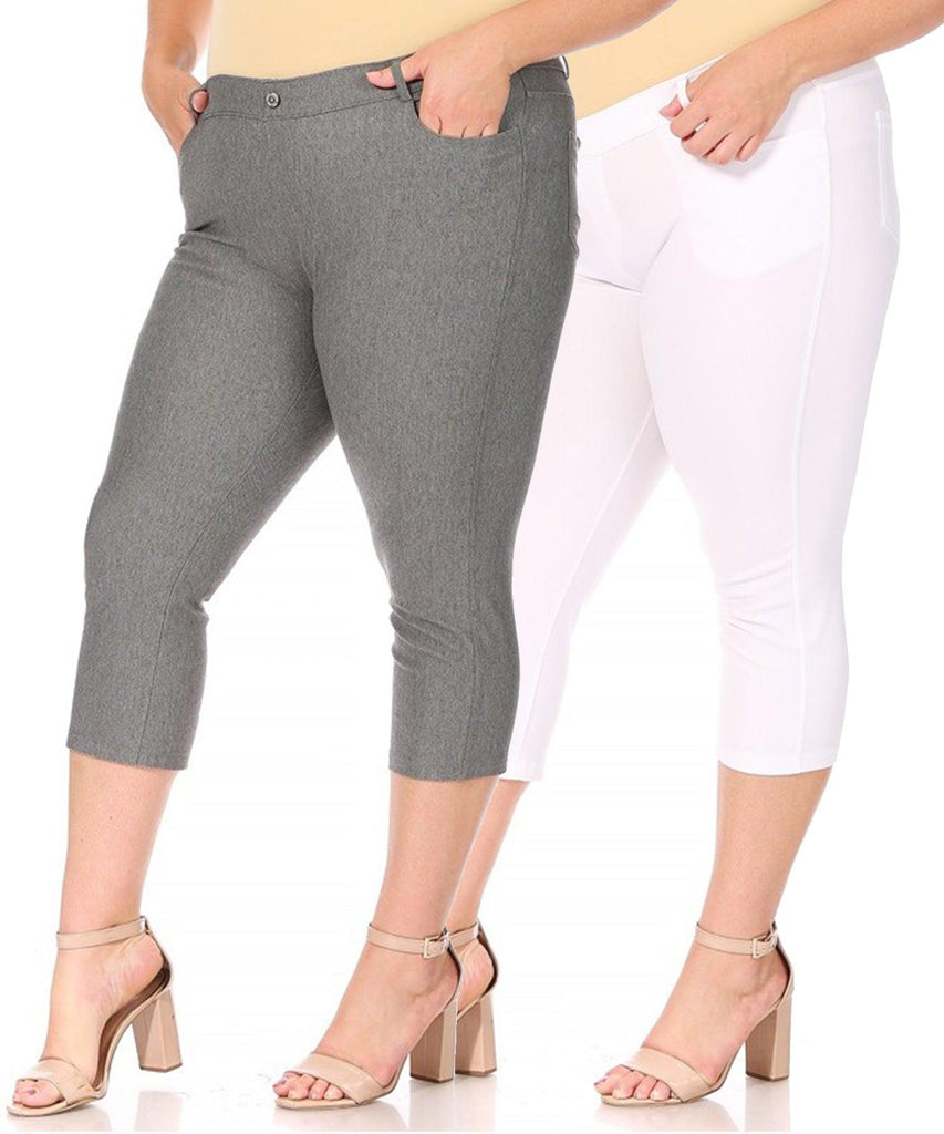 Women's Plus Size Casual Comfy Slim Pocket Jeggings Jeans Capri Leggings Pants Pack of 2 FashionJOA