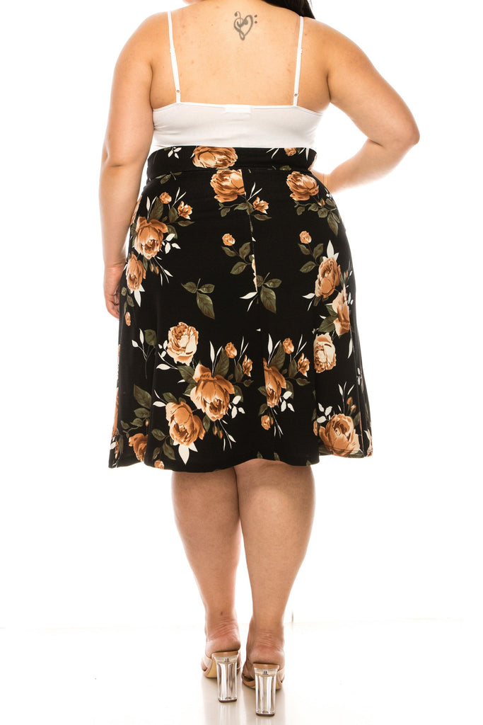 Women's Plus Size Casual Floral Print A Line Waist Bow Tie Belted Knee Length Midi Skirt FashionJOA