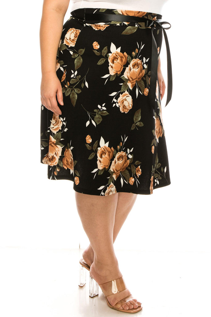 Women's Plus Size Casual Floral Print A Line Waist Bow Tie Belted Knee Length Midi Skirt FashionJOA