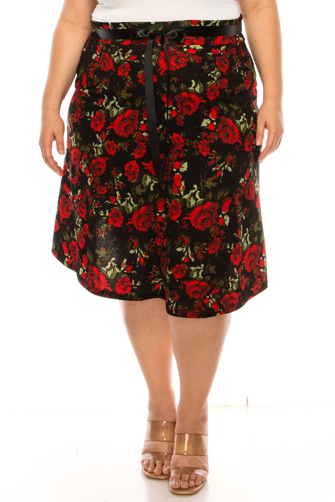 Women's Plus Size Casual Floral Print A Line Waist Bow Tie Belted Knee Length Midi Skirt FashionJOA