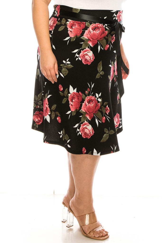 Women's Plus Size Casual Floral Print A Line Waist Bow Tie Belted Knee Length Midi Skirt FashionJOA