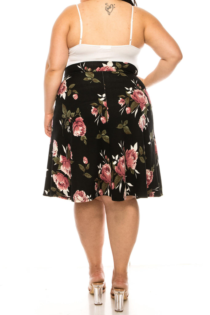 Women's Plus Size Casual Floral Print A Line Waist Bow Tie Belted Knee Length Midi Skirt FashionJOA