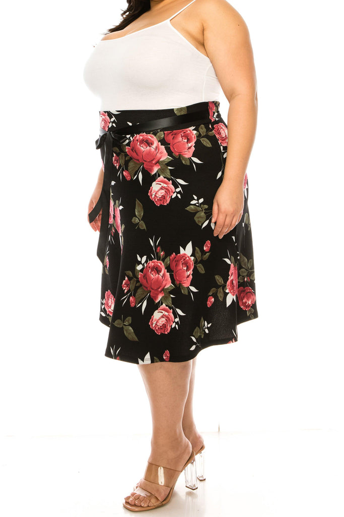 Women's Plus Size Casual Floral Print A Line Waist Bow Tie Belted Knee Length Midi Skirt FashionJOA