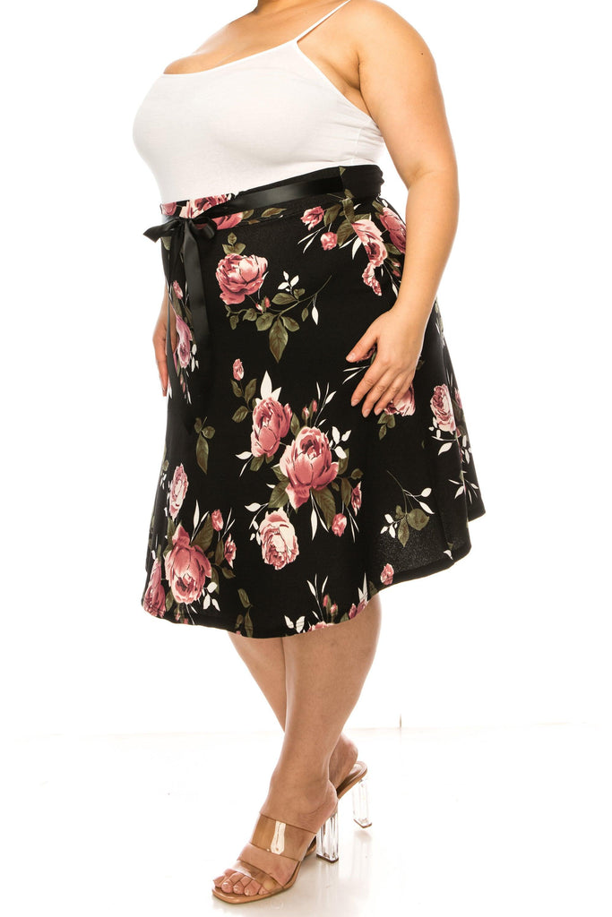 Women's Plus Size Casual Floral Print A Line Waist Bow Tie Belted Knee Length Midi Skirt FashionJOA