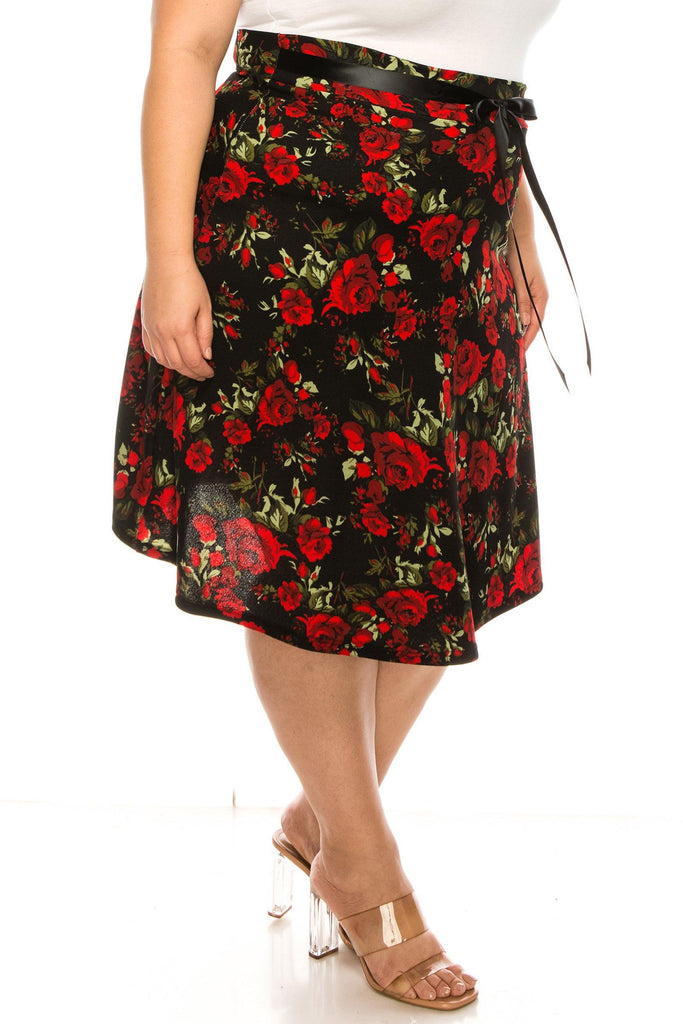 Women's Plus Size Casual Floral Print A Line Waist Bow Tie Belted Knee Length Midi Skirt FashionJOA