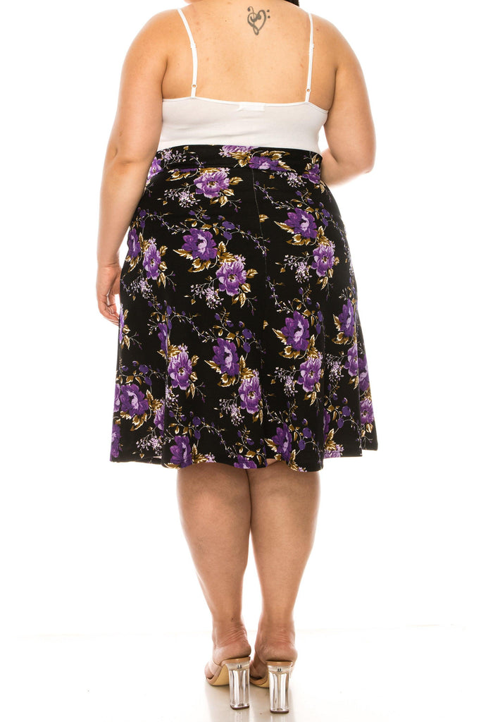 Women's Plus Size Casual Floral Print A Line Waist Bow Tie Belted Knee Length Midi Skirt FashionJOA