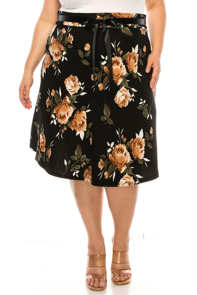 Women's Plus Size Casual Floral Print A Line Waist Bow Tie Belted Knee Length Midi Skirt FashionJOA