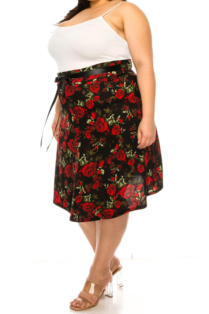 Women's Plus Size Casual Floral Print A Line Waist Bow Tie Belted Knee Length Midi Skirt FashionJOA