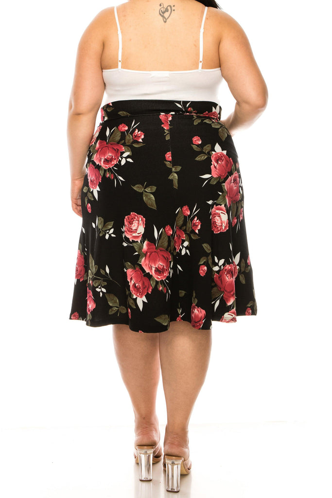 Women's Plus Size Casual Floral Print A Line Waist Bow Tie Belted Knee Length Midi Skirt FashionJOA