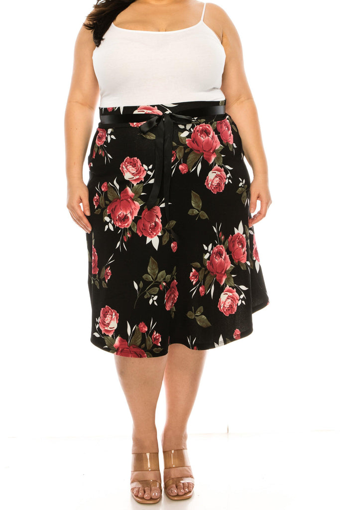 Women's Plus Size Casual Floral Print A Line Waist Bow Tie Belted Knee Length Midi Skirt FashionJOA