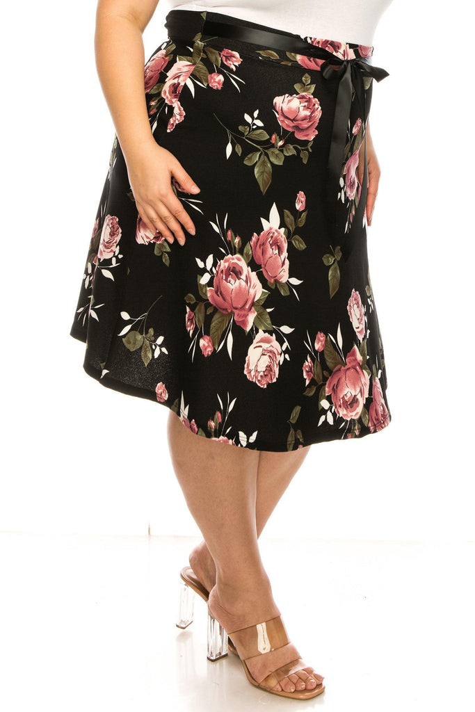 Women's Plus Size Casual Floral Print A Line Waist Bow Tie Belted Knee Length Midi Skirt FashionJOA