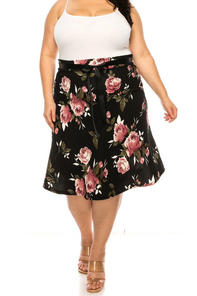 Women's Plus Size Casual Floral Print A Line Waist Bow Tie Belted Knee Length Midi Skirt FashionJOA