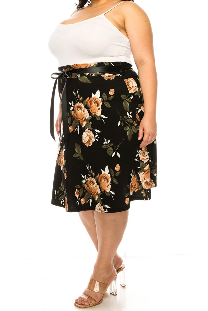 Women's Plus Size Casual Floral Print A Line Waist Bow Tie Belted Knee Length Midi Skirt FashionJOA