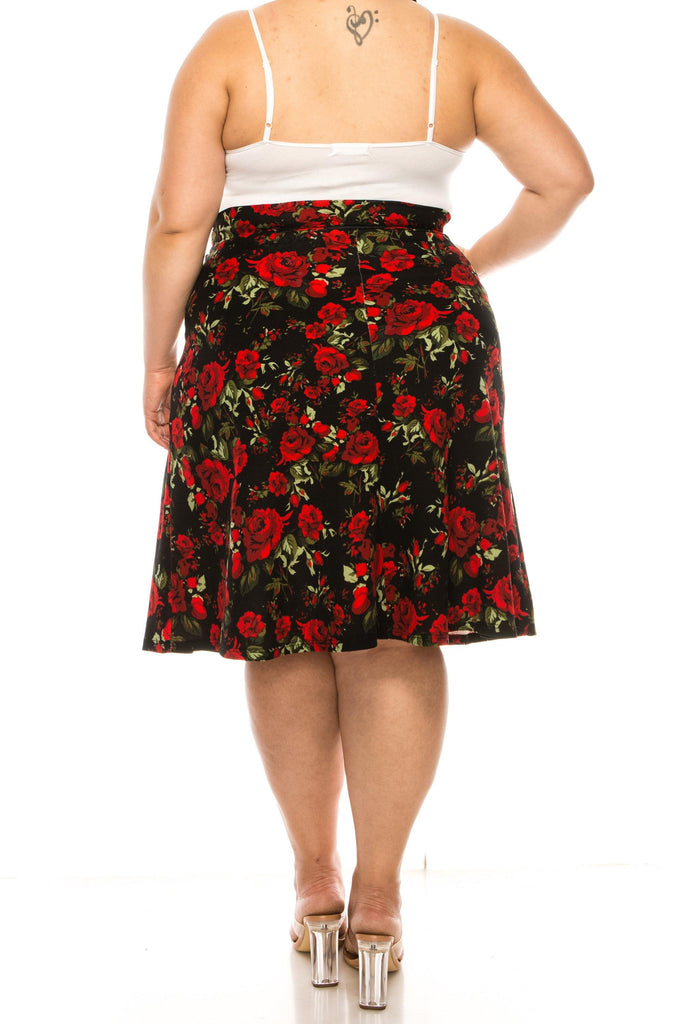 Women's Plus Size Casual Floral Print A Line Waist Bow Tie Belted Knee Length Midi Skirt FashionJOA