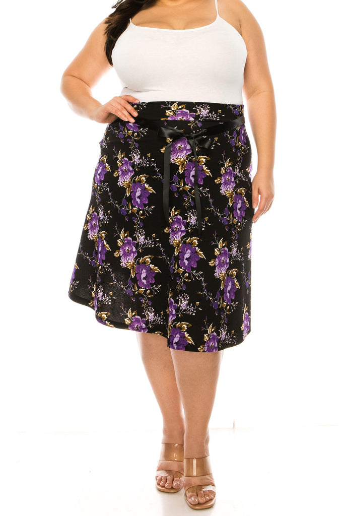 Women's Plus Size Casual Floral Print A Line Waist Bow Tie Belted Knee Length Midi Skirt FashionJOA