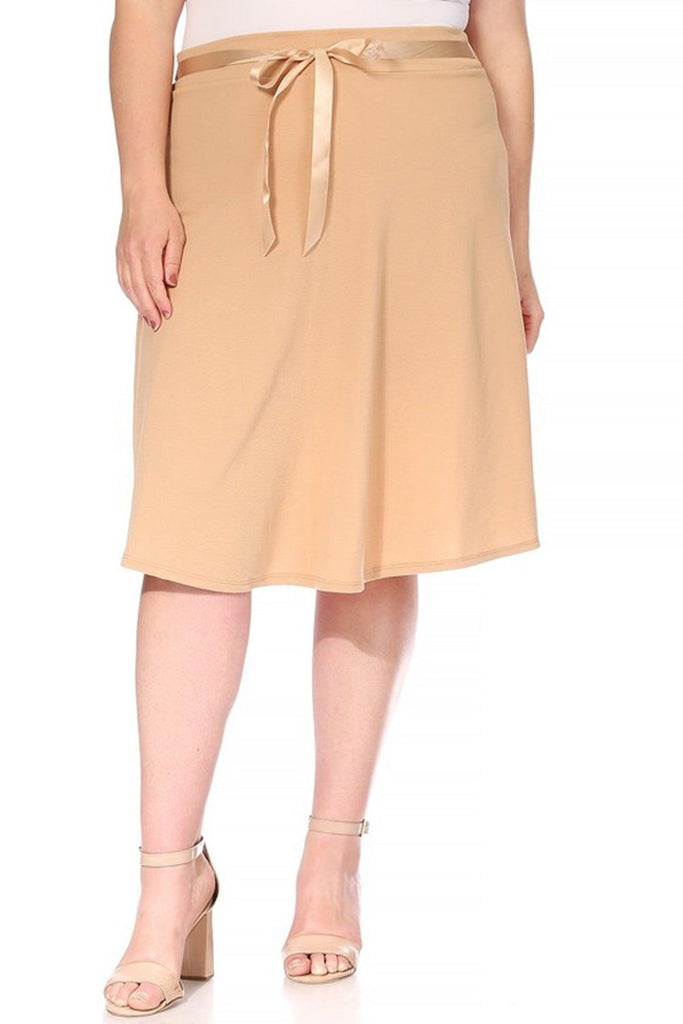 Women's Plus Size Casual High Waist Bow Tie Belted A Line Midi Knee Length Skirts FashionJOA