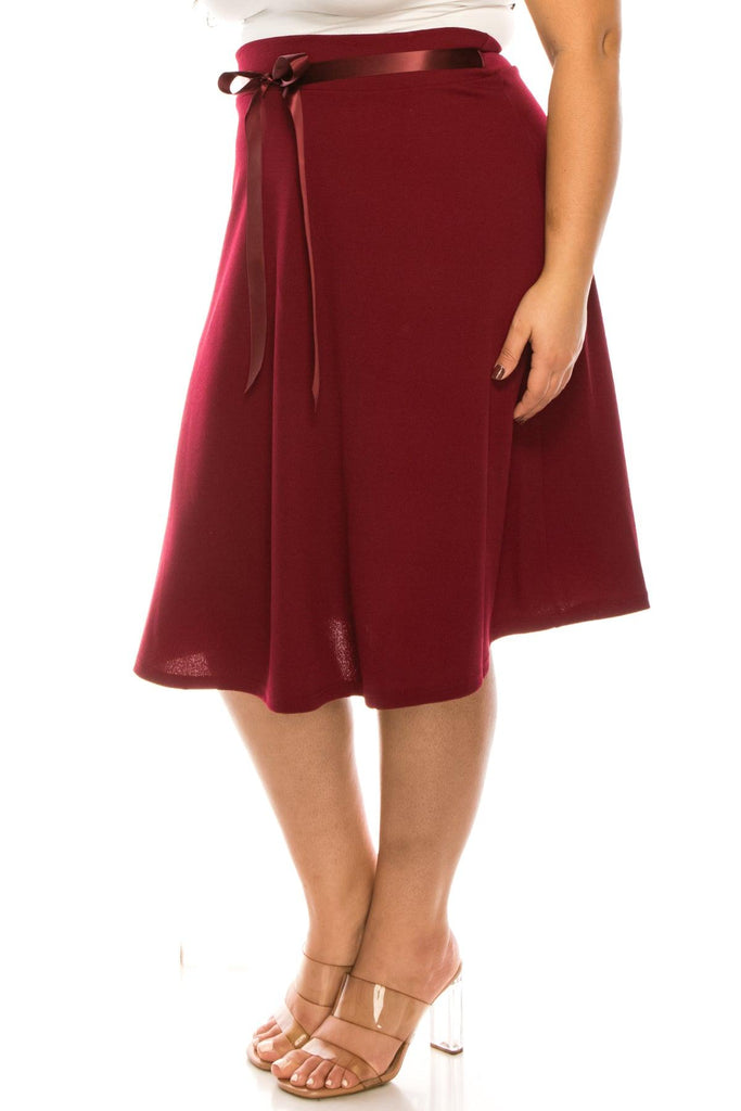 Women's Plus Size Casual High Waist Bow Tie Belted A Line Midi Knee Length Skirts FashionJOA