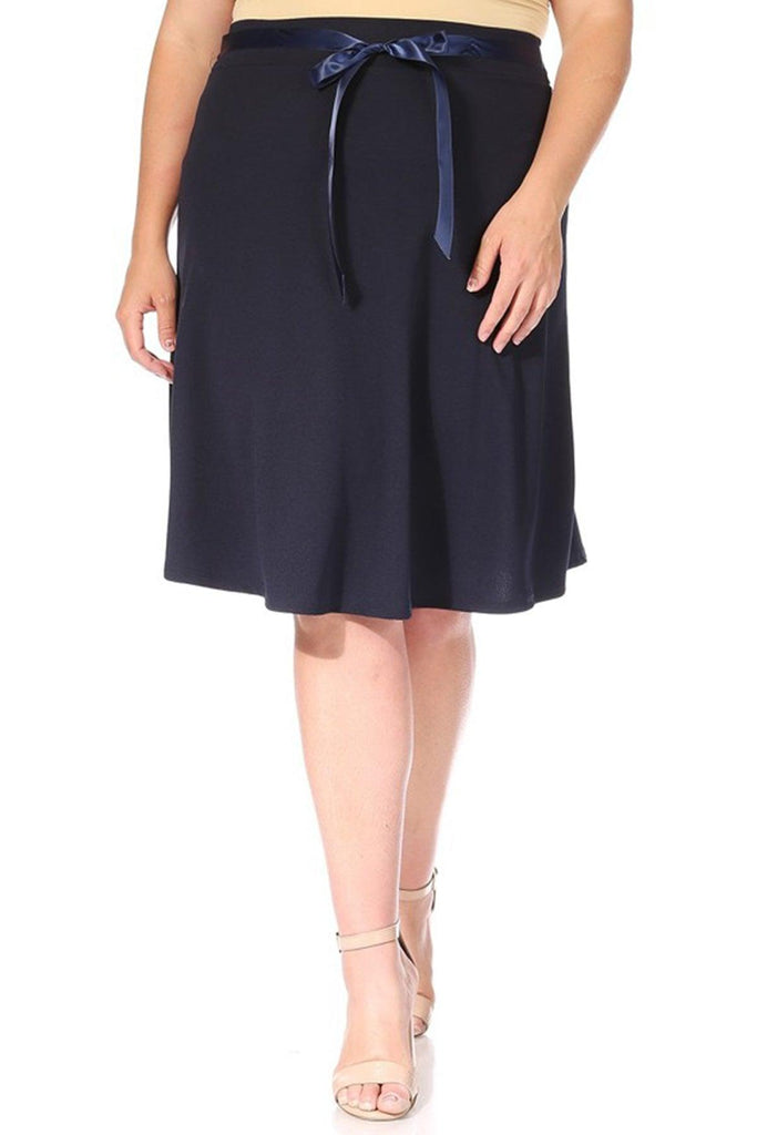 Women's Plus Size Casual High Waist Bow Tie Belted A Line Midi Knee Length Skirts FashionJOA