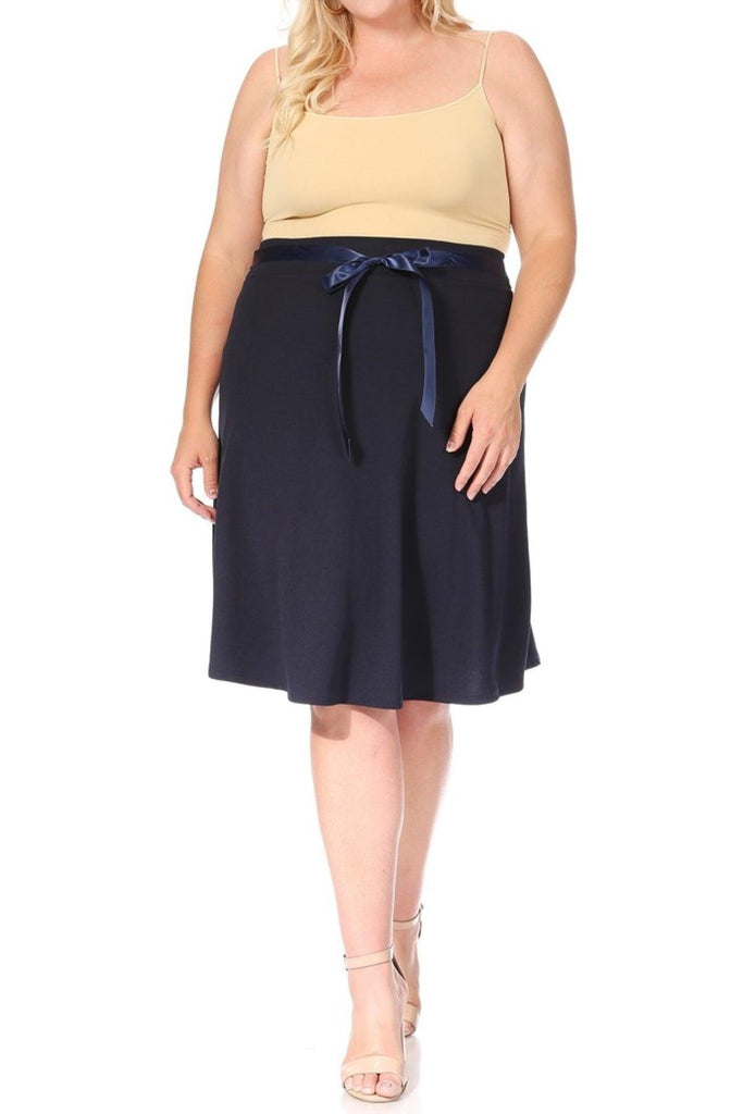 Women's Plus Size Casual High Waist Bow Tie Belted A Line Midi Knee Length Skirts FashionJOA