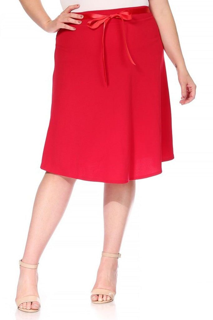 Women's Plus Size Casual High Waist Bow Tie Belted A Line Midi Knee Length Skirts FashionJOA