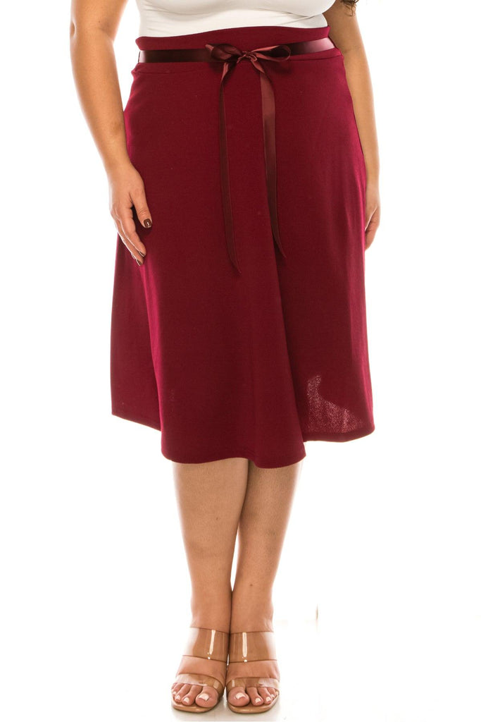 Women's Plus Size Casual High Waist Bow Tie Belted A Line Midi Knee Length Skirts FashionJOA